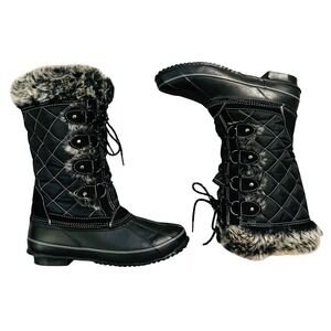 Khombu Winter Snow Boots‎ Quilted Faux Fur Trim Lace Up Black Women's 10